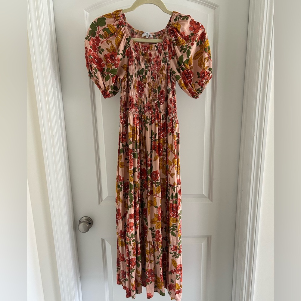 Baltic Born Pink Floral Midi Dress with Puff Sleeves
